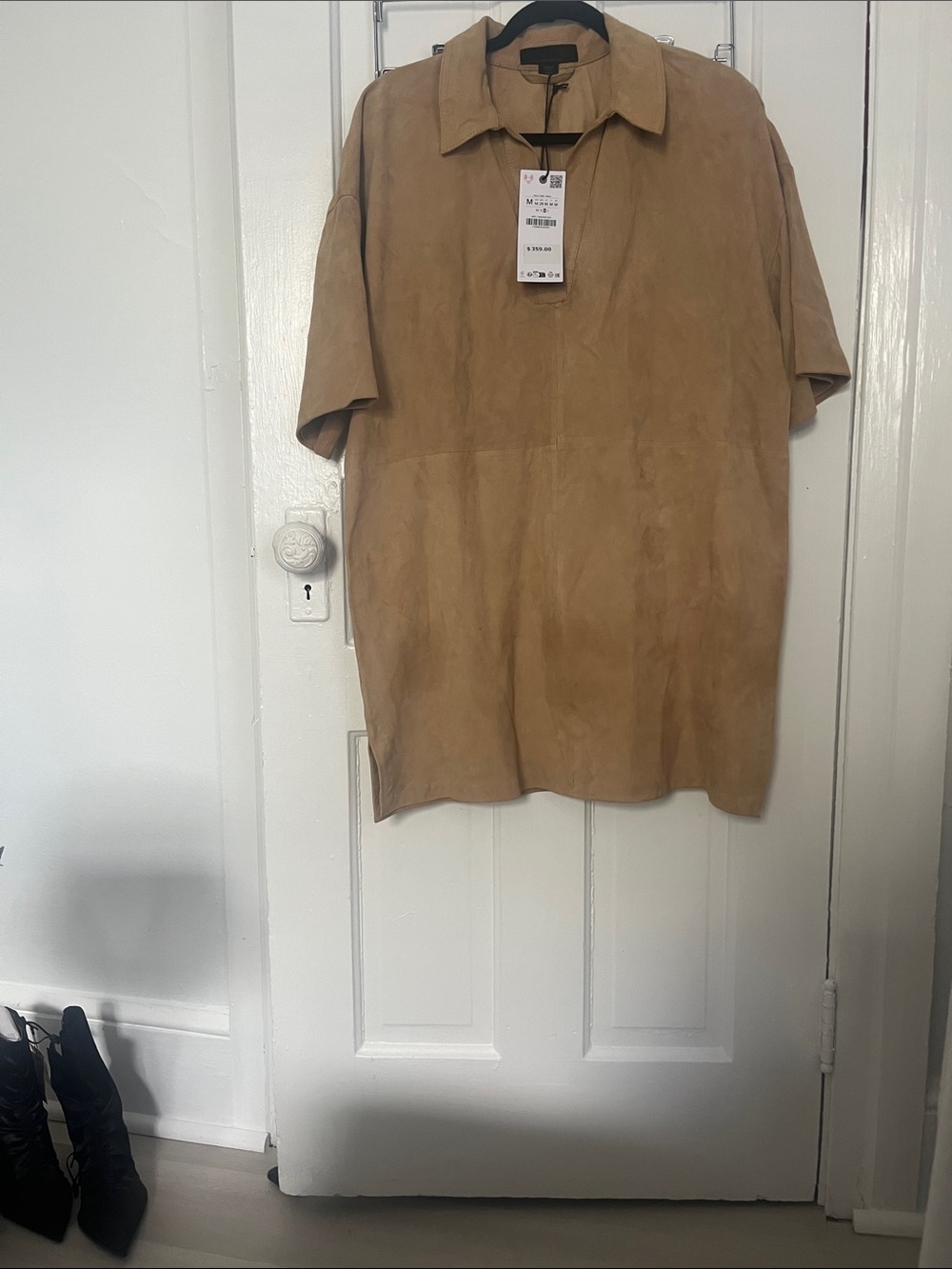 Zara 100%Suede Leather Oversized Beige Shirt Dress - Picture 4 of 8